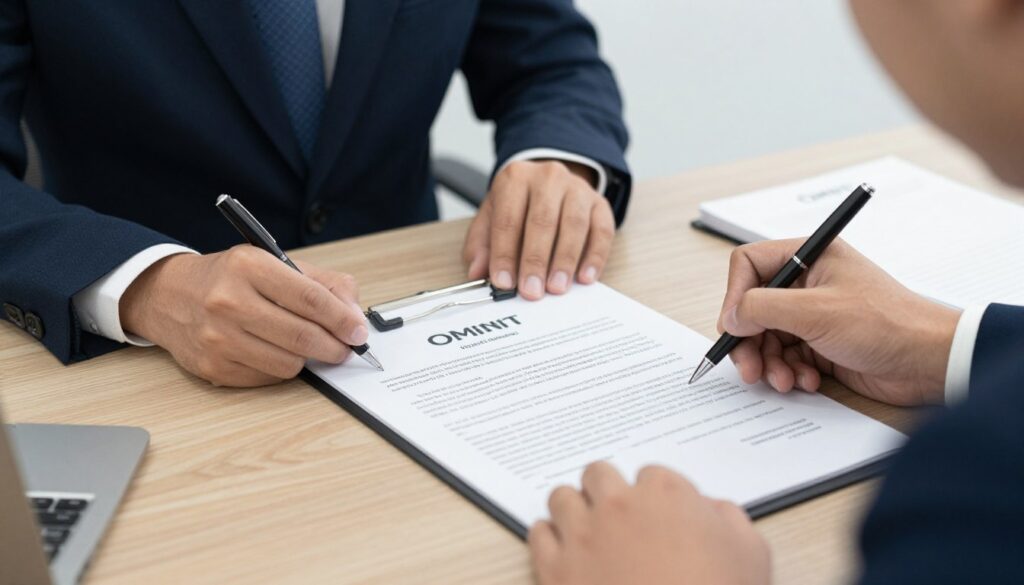 Cliente assinando contrato do Omint plano de saúde com consultor
