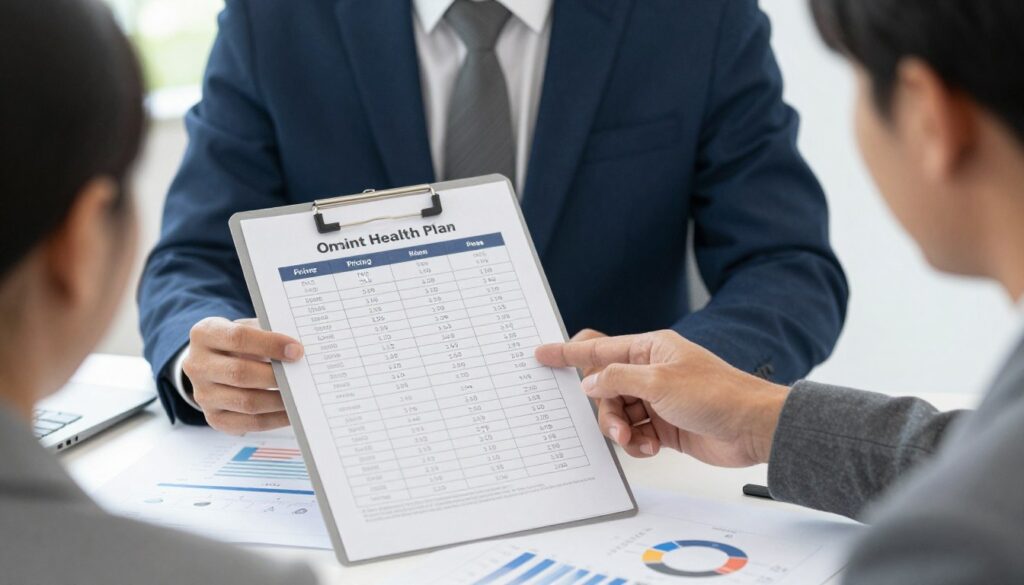 Consultor explicando tabela de preços do Omint plano de saúde para cliente