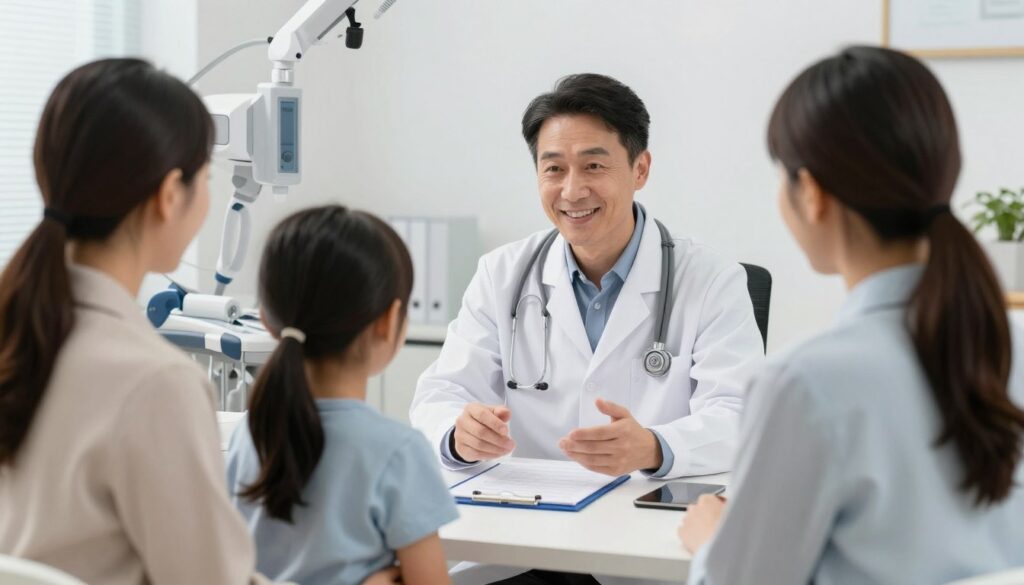 Família feliz beneficiária do Omint plano de saúde em consulta médica